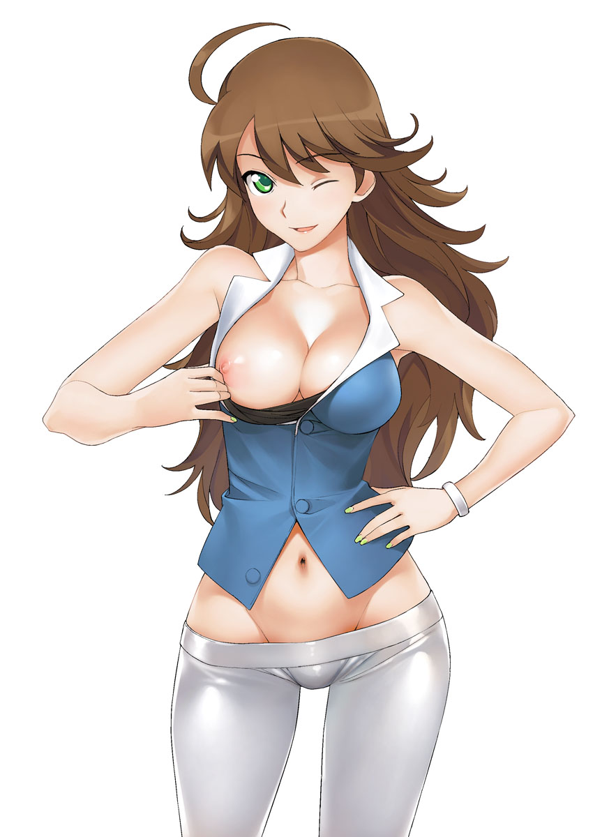 a1 (initial-g), awakened miki, hoshii miki, sumeragi lee noriega, gundam, gundam 00, idolmaster, idolmaster (classic), idolmaster 1, highres, 00s, 1girl, ahoge, breast slip, breasts, brown hair, cleavage, clothes pull, cosplay, female focus, fusion, green eyes, groin, hand on own hip, hip focus, large breasts, long hair, midriff, nail polish, navel, nipple slip, nipples, one breast out, one eye closed, pants, shirt pull, show body part, solo, sumeragi lee noriega (cosplay), wide hips, wink, yellow nails