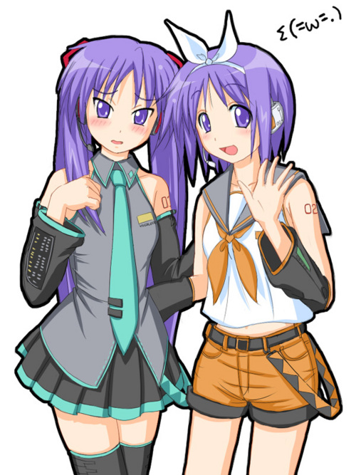 hatsune miku, hiiragi kagami, hiiragi tsukasa, kagamine rin, lucky star, vocaloid, 2girls, cosplay, hatsune miku (cosplay), kagamine rin (cosplay), multiple girls, purple hair, sisters, standing, thighhighs, thighs, tsurime, twins