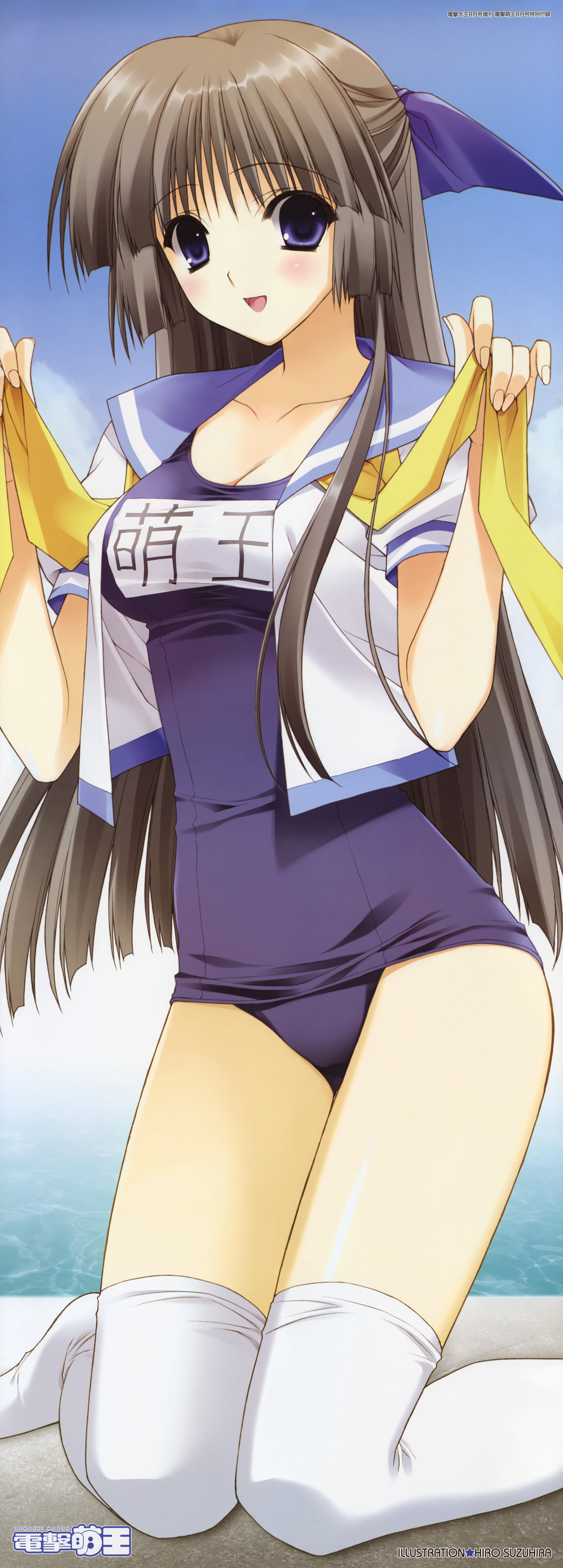 suzuhira hiro, absurdres, highres, long image, tall image, 1girl, blue eyes, blush, brown hair, female focus, half updo, kneeling, long hair, name tag, no pants, one-piece swimsuit, open clothes, open shirt, purple eyes, purple one-piece swimsuit, purple school swimsuit, ribbon, school swimsuit, school uniform, serafuku, shirt, solo, swimsuit, thighhighs, undressing