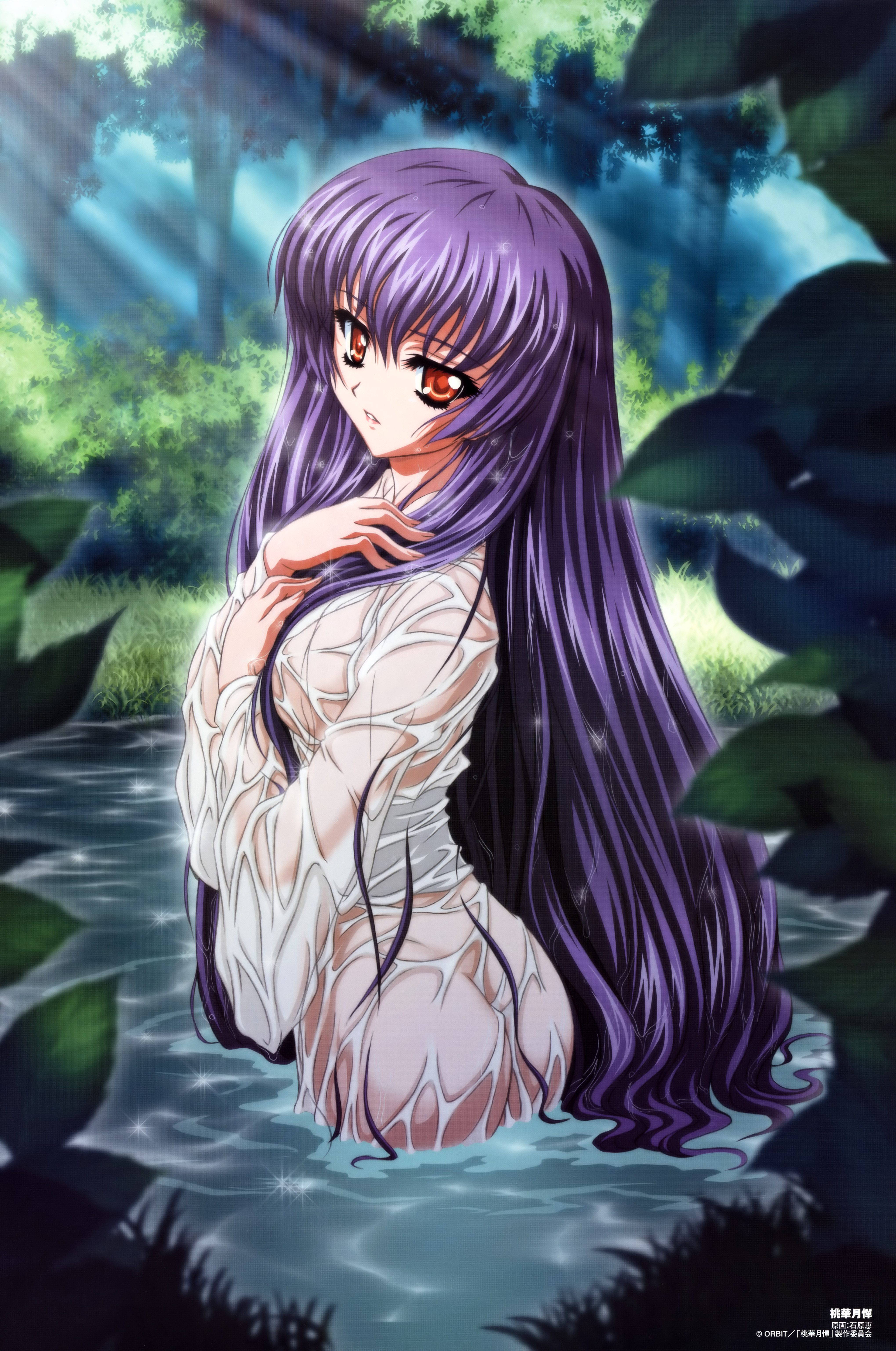 carnelian, ishihara megumi, kikyou, kikyou (touka gettan), touka gettan, absurdres, highres, scan, 00s, 1girl, ass, female focus, japanese clothes, kikiyou, kimono, long hair, looking back, nature, purple hair, red eyes, solo, very long hair, wet, wet clothes
