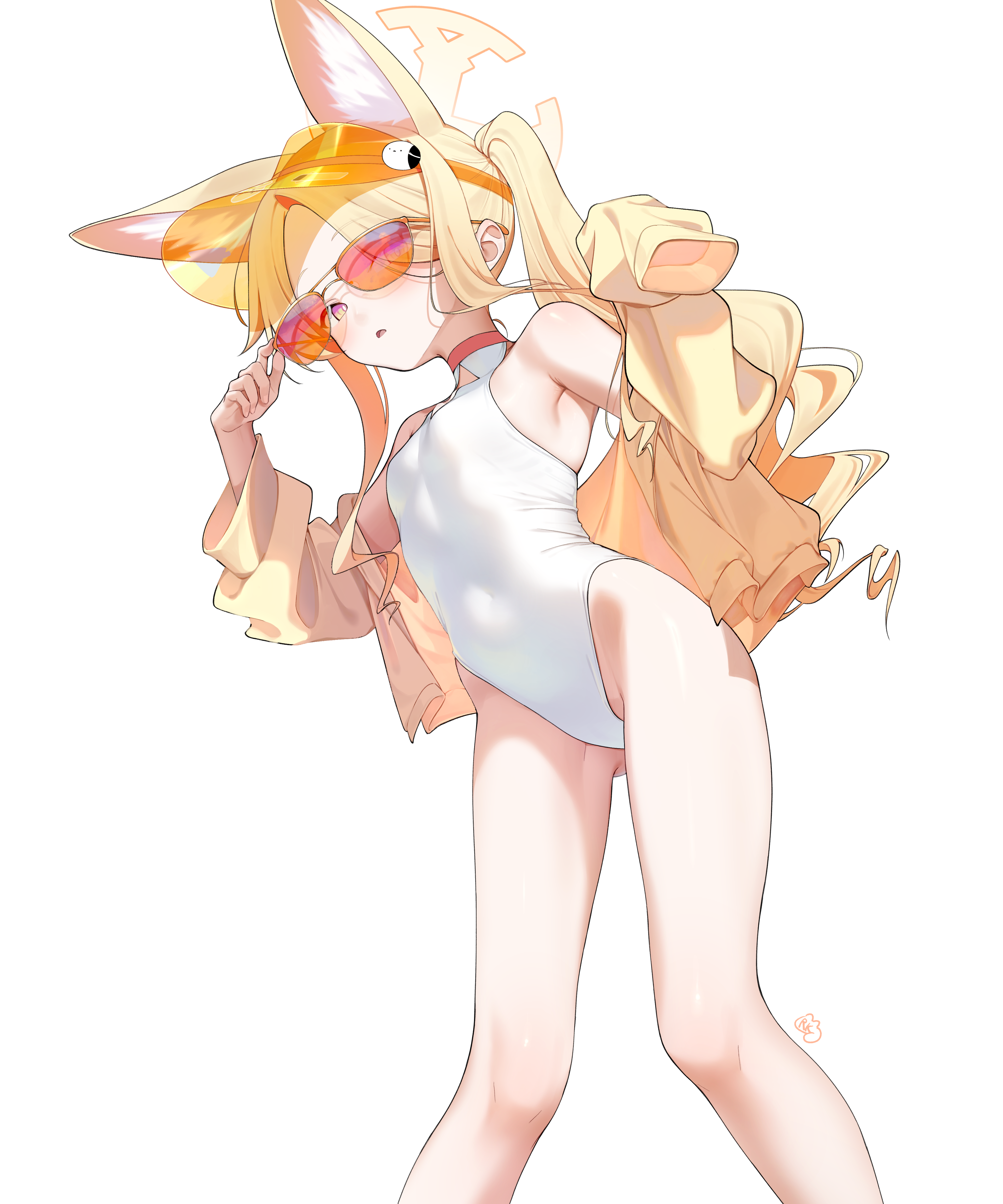 rubykong, seia (blue archive), seia (swimsuit) (blue archive), blue archive, absurdres, highres, 1girl, animal ear fluff, animal ears, blonde hair, breasts, covered navel, cross halo, diamond cutout, feet out of frame, fox ears, fox girl, fox tail, halo, highleg, highleg one-piece swimsuit, jacket, long hair, official alternate costume, official alternate hairstyle, one-piece swimsuit, orange-tinted eyewear, orange eyes, side ponytail, simple background, small breasts, solo, sunglasses, swimsuit, tail, tinted eyewear, visor cap, white background, white one-piece swimsuit, yellow halo, yellow jacket, yellow visor