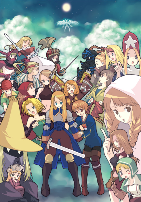 taha, agrias oaks, archer (fate), archer (fft), arithmetician (fft), black mage (fft), black mage (final fantasy), chemist (fft), dancer (fft), dark knight (fft), dark knight (final fantasy), dragoon (fft), dragoon (final fantasy), geomancer (fft), knight (fft), mime (fft), monk (fft), mystic (fft), ninja (fft), onion knight, onion knight (fft), orator (fft), ramza beoulve, samurai (fft), squire (fft), summoner (fft), thief (fft), time mage, time mage (fft), ultima (fft), white mage (fft), white mage (final fantasy), fate (series), final fantasy, final fantasy tactics, square enix, black mage, white mage, annotated, 1boy, 6+girls, :o, ahoge, angel wings, armor, bandana, bare shoulders, blonde hair, blue eyes, blush stickers, braid, brown eyes, brown hair, cape, clenched hand, cloak, cloud, dark knight, dragoon, everyone, fingerless gloves, full moon, gloves, hair bun, hat, head wings, helm, helmet, hood, horns, long hair, mask, midriff, mini person, minigirl, monk, moon, multiple girls, one eye closed, polearm, ponytail, rapier, samurai, short hair, silhouette, single braid, single hair bun, single horn, smile, spear, summoner, sword, twin braids, weapon, wings, wink, witch hat