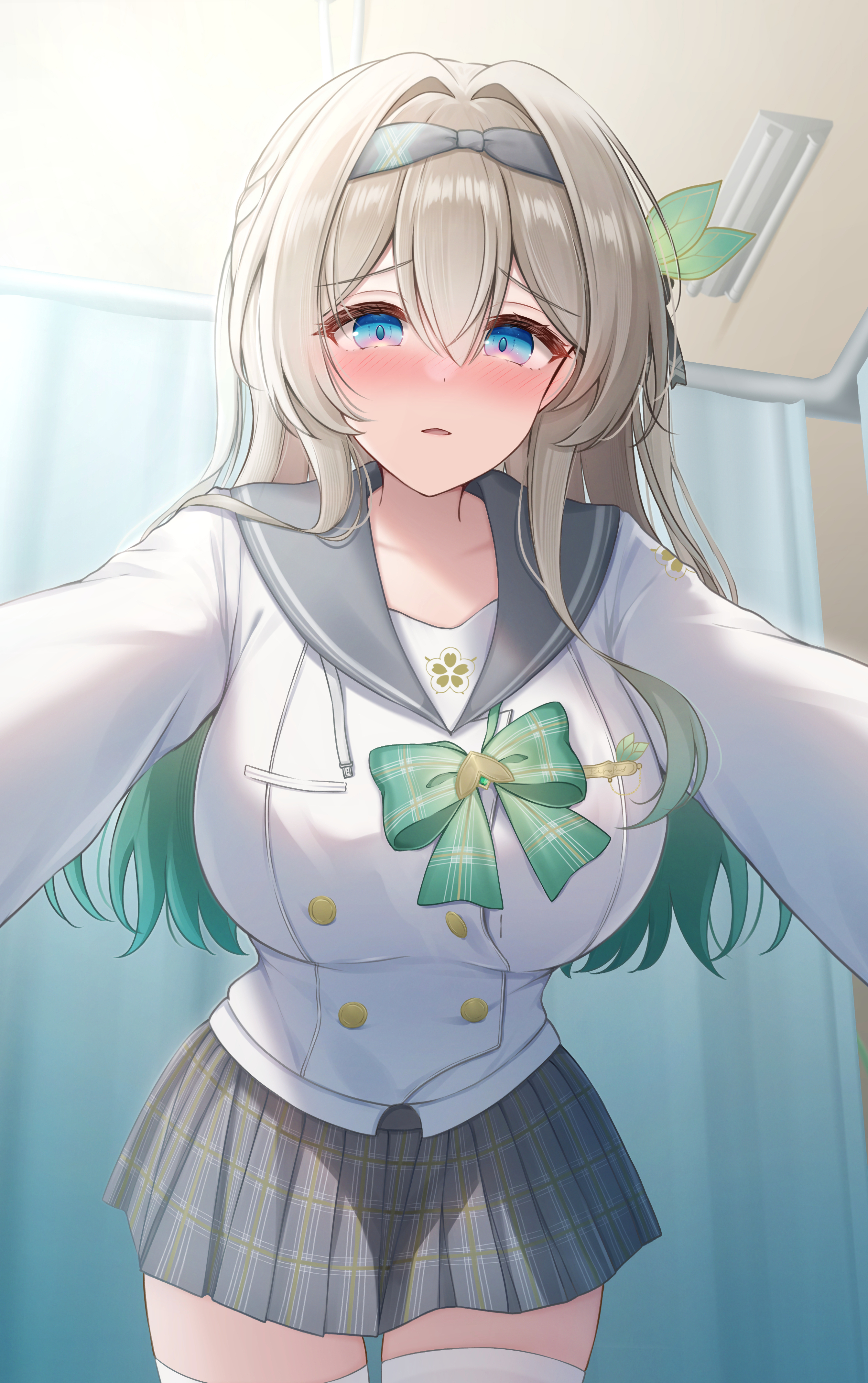 yukiunag1, firefly (honkai: star rail), firefly (spring missive) (honkai: star rail), honkai: star rail, honkai (series), absurdres, highres, 1girl, blue eyes, blush, bow, bowtie, breasts, colored tips, gradient eyes, green bow, green bowtie, green hair, grey hair, grey hairband, grey sailor collar, grey skirt, hairband, indoors, large breasts, long hair, multicolored eyes, multicolored hair, parted lips, plaid bow, plaid bowtie, plaid clothes, pov, reaching, reaching towards viewer, sailor collar, shirt, skirt, solo, thighhighs, white shirt, white thighhighs