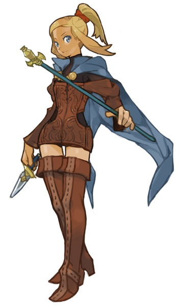 valmafra lenande, final fantasy, final fantasy tactics, 1girl, blonde hair, blue eyes, boots, cape, dagger, dual wielding, female focus, full body, high ponytail, holding, knife, miniskirt, ponytail, skirt, solo, thigh boots, thighhighs, wand, weapon