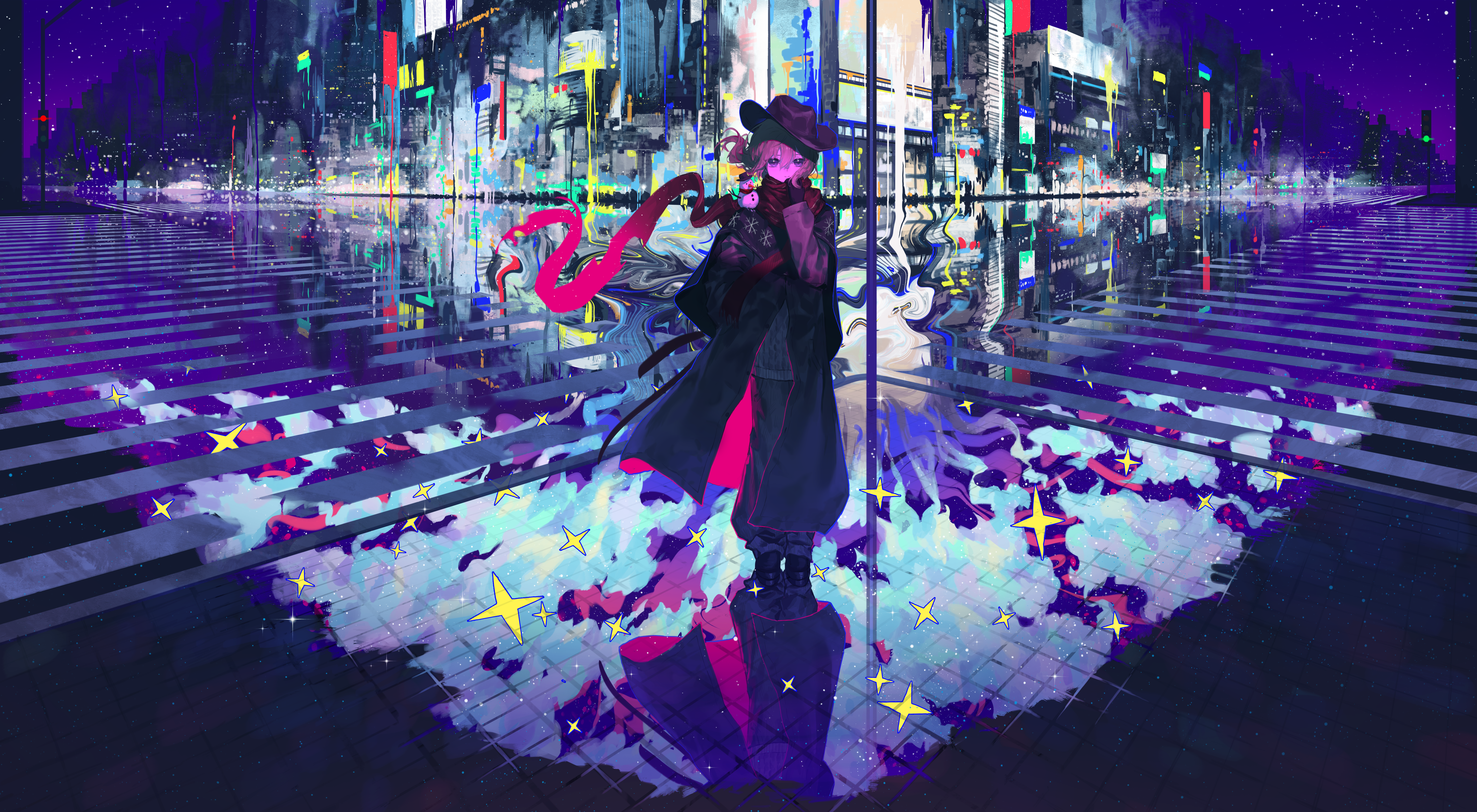 fuka (pixiv 84081952), original, absurdres, commentary request, highres, 1other, adjusting scarf, androgynous, black coat, black gloves, black hat, black pants, black sweater, blue eyes, brown hair, building, city lights, cityscape, closed mouth, coat, crosswalk, gloves, hair between eyes, hand in pocket, hat, mini snowman, night, outdoors, pants, puddle, red scarf, reflection, reflective water, scarf, sky, solo, standing, star (sky), starry sky, sweater, traffic light, wide shot