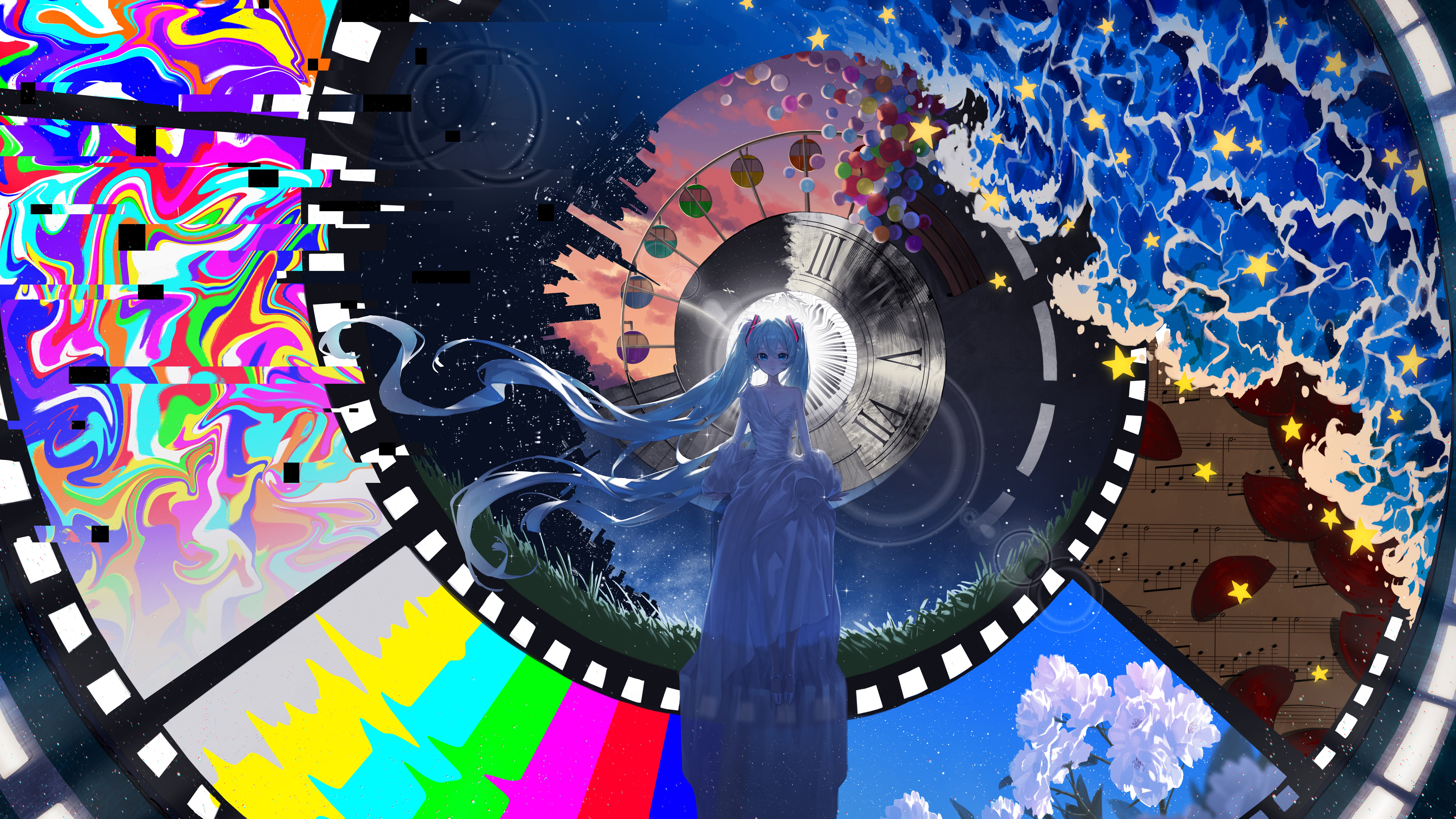 fuka (pixiv 84081952), hatsune miku, vocaloid, absurdres, commentary request, highres, 1girl, abstract, balloon, blue eyes, blue hair, closed mouth, dress, ferris wheel, film strip, grass, instrument, jewelry, keyboard (instrument), long dress, long hair, looking at viewer, mole, mole under eye, necklace, roman numeral, sheet music, sky, solo, star (sky), star (symbol), starry sky, test card, twintails, very long hair, waves, white dress