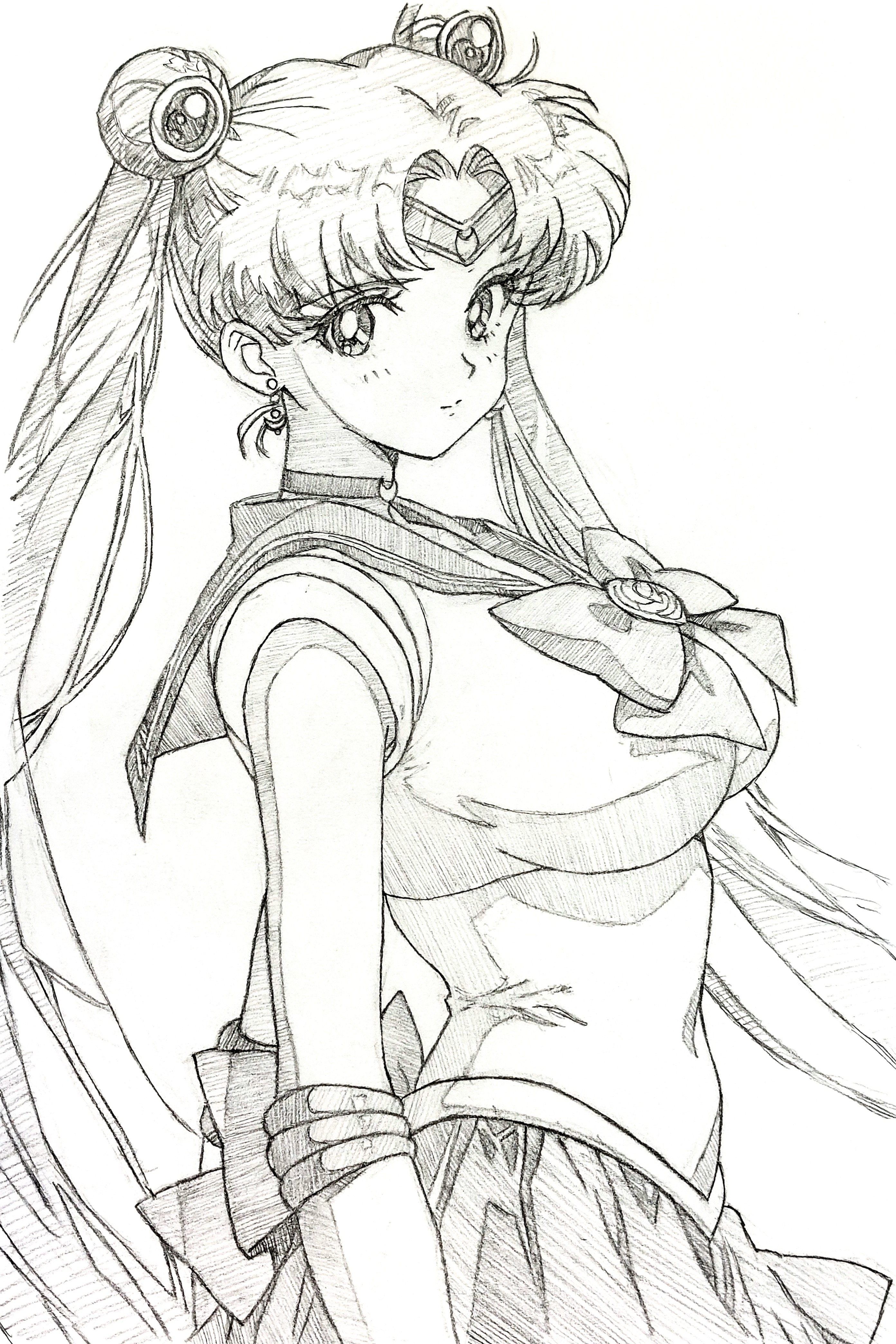 i4teruz, tsukino usagi, bishoujo senshi sailor moon, absurdres, commentary request, highres, traditional media, 1girl, arms at sides, bow, bowtie, breasts, choker, circlet, cowboy shot, crop top, cropped shirt, curtained hair, double bun, greyscale, hair bun, large breasts, looking at viewer, looking to the side, monochrome, sailor collar, sailor senshi uniform, shirt, skirt, sleeveless, sleeveless shirt, solo, turning head, twintails