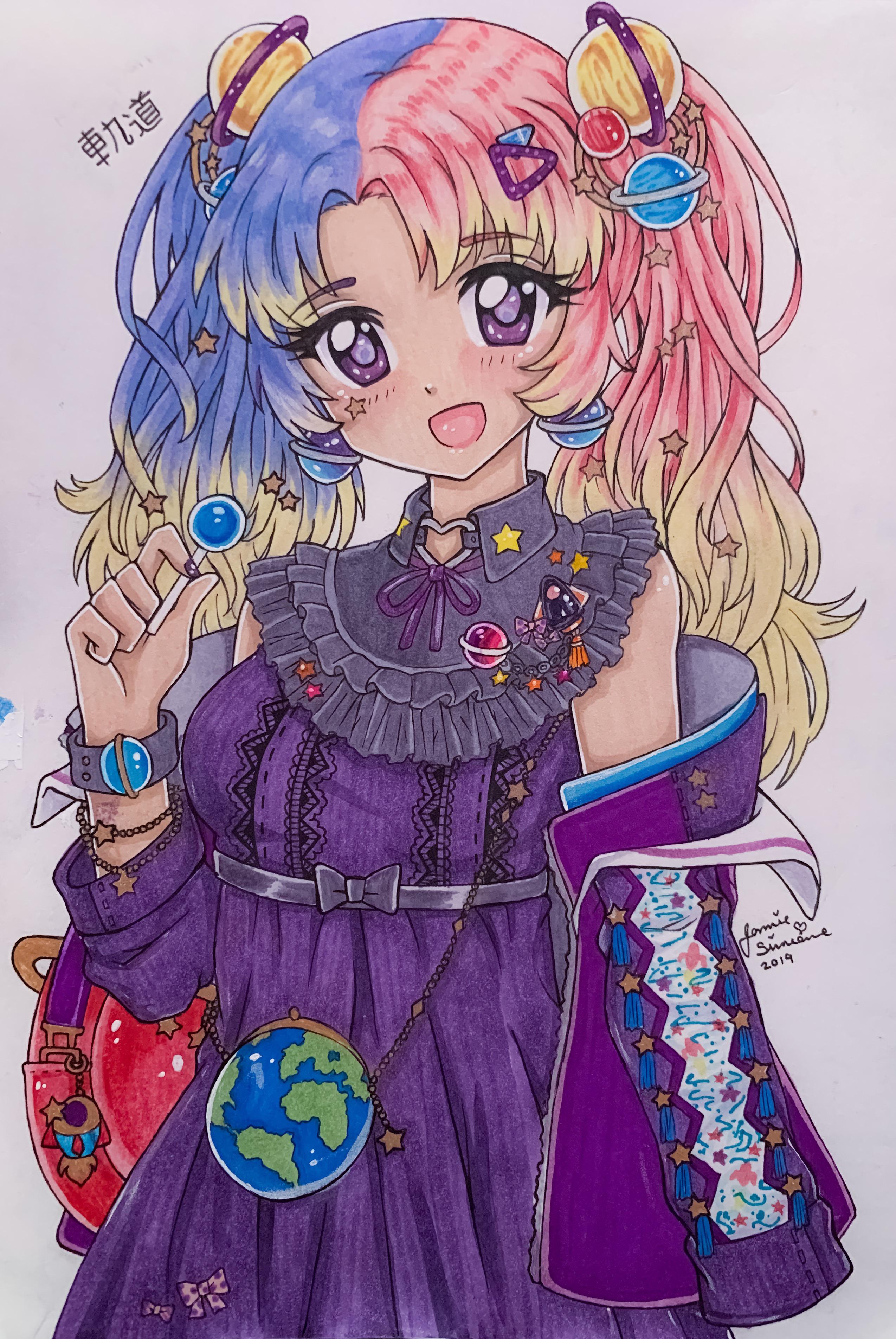chupa chups, miracle nikki, nikki (series), absurdres, commentary, english commentary, highres, traditional media, 1girl, 2019, bare shoulders, bib collar, black bow, black collar, blue hair, bow, bracelet, brooch, candy, character name, coin purse, collar, colored tips, cowboy shot, dot nose, dress, earth print, eyelashes, eyeshadow, facial tattoo, food, frilled collar, frills, hair ornament, hairclip, happy, holding, holding candy, holding food, holding lollipop, jacket, jewelry, light blush, lollipop, makeup, multicolored hair, open clothes, open jacket, open mouth, parted bangs, pink hair, planet hair ornament, pleated dress, purple dress, purple eyes, purple eyeshadow, purple jacket, signature, sleeveless, sleeveless dress, smile, solo, split-color hair, standing, star (symbol), star hair ornament, star imagination (miracle nikki), star print, star tattoo, tattoo, two-sided fabric, two-sided jacket, waist bow, yamisaan