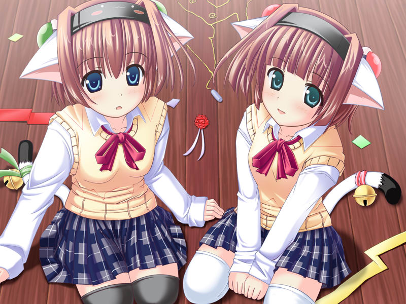 usaginezumi, nagamori cocoa, nagamori milk, futa majo, animal ears, bell, blush, brown hair, cat ears, cat tail, flat chest, hairband, kneeling, school uniform, serafuku, siblings, sisters, skirt, smile, tail, thighhighs, twins, zettai ryouiki