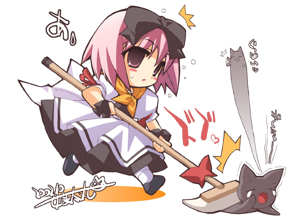 kotamaru (pajama soft), 00s, 1girl, 2002, ^^^, blush, broom, cat, chibi, female focus, hair ribbon, pink eyes, pink hair, ribbon, school uniform, serafuku, short hair, signature, solo