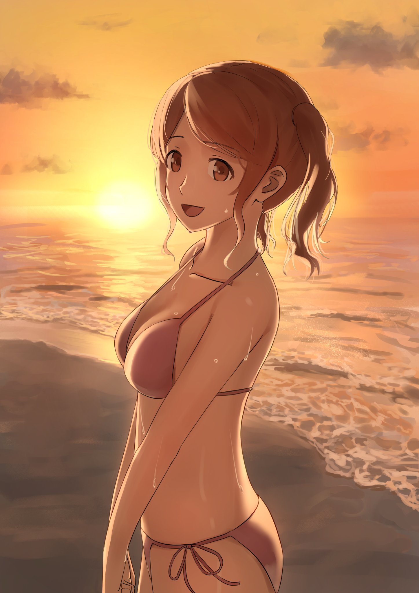 mikawa mikan, nakata sae, amagami, hashtag-only commentary, highres, 1girl, :d, alternate costume, bare arms, bare shoulders, beach, bikini, blush, breasts, brown eyes, brown hair, cleavage, cloud, collarbone, cowboy shot, day, evening, halterneck, horizon, looking at viewer, medium breasts, ocean, open mouth, outdoors, pink bikini, ponytail, sand, shore, short hair, sidelocks, sky, smile, solo, standing, string bikini, sun, sunset, swimsuit, v arms, water, wet