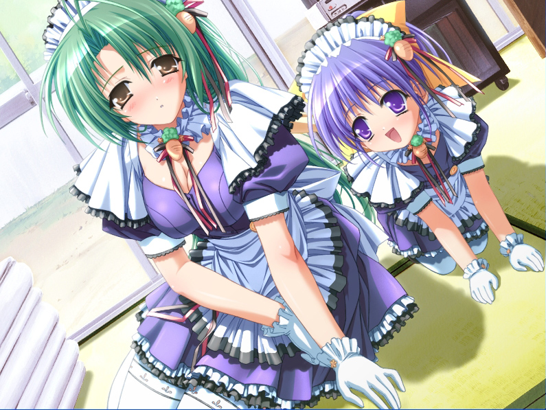 murakami suigun, yamana kaede, yamana tokiko, pia carrot (series), pia carrot e youkoso!!, pia carrot e youkoso!! g.o., game cg, 1990s (style), 2girls, age difference, all fours, blue hair, blush, breasts, brown eyes, carrot, child, cleavage, dutch angle, food-themed clothes, gloves, green hair, maid, mother and daughter, multiple girls, purple eyes, purple hair, retro artstyle, sitting, smile, thighhighs, waitress, white thighhighs