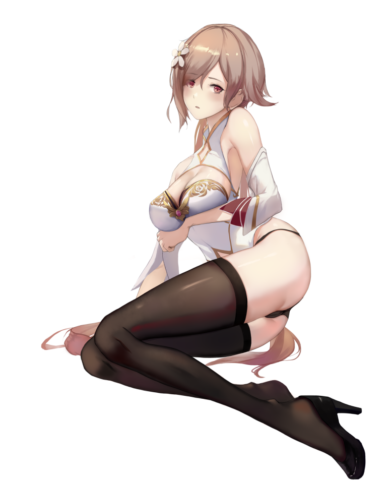 hoshino arika, rita rossweisse, rita rossweisse (artemis), rita rossweisse (maid of celestia), honkai (series), honkai impact 3rd, 1girl, arm under breasts, black panties, breasts, brown hair, brown thighhighs, chinese clothes, cleavage, cleavage cutout, clothing cutout, detached sleeves, flower, full body, hair flower, hair ornament, high heels, large breasts, panties, purple eyes, short hair, simple background, solo, thighhighs, underwear, white background, white flower, white sleeves