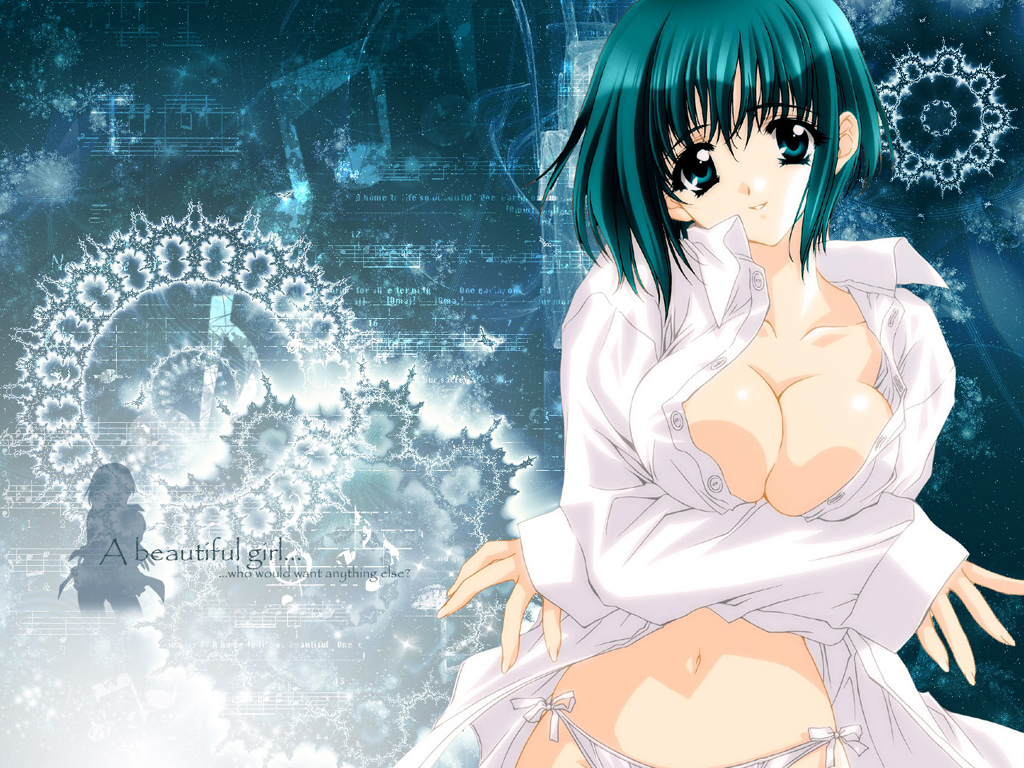 carnelian, original, 1girl, arms under breasts, english text, female focus, green eyes, green hair, matching hair/eyes, no pants, open clothes, open shirt, panties, shirt, smile, solo, underwear