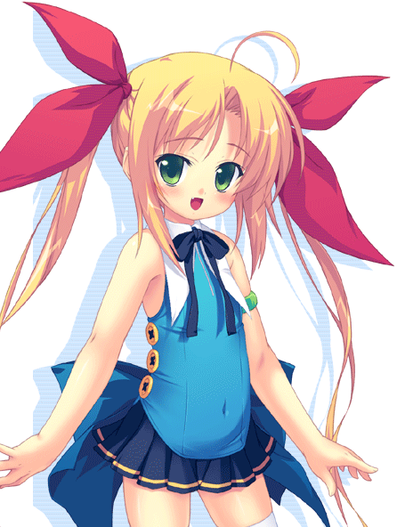 munyuu, sakuragawa mirai, naisho no yorimichi, 1girl, ahoge, bare shoulders, blonde hair, bow, buttons, child, dress, fang, female focus, green eyes, hair bow, miniskirt, ribbon, skirt, smile, solo, thighhighs, twintails, zettai ryouiki