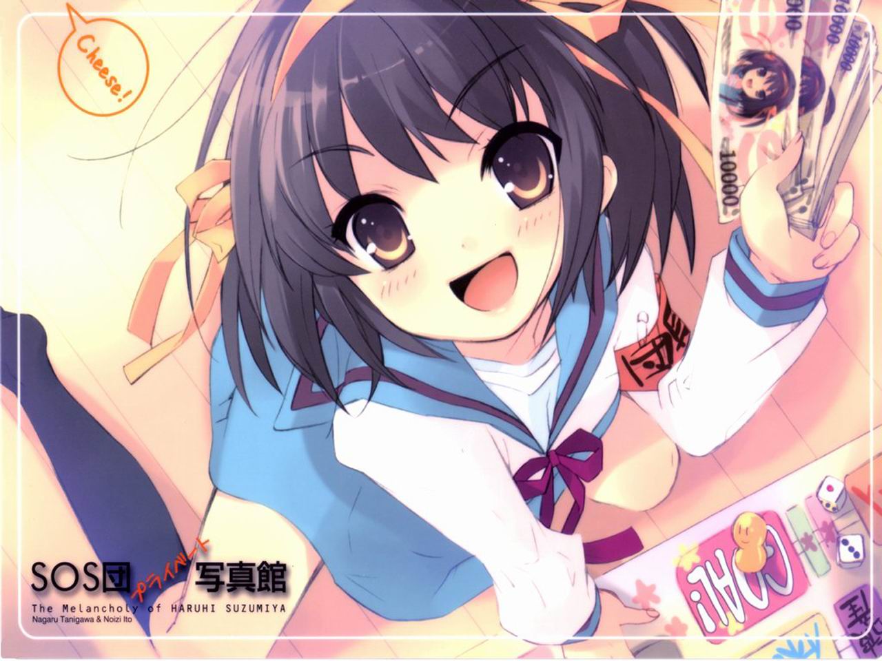 ito noizi, suzumiya haruhi, suzumiya haruhi no yuuutsu, black legwear, >:d, 00s, 1girl, :d, armlet, blue skirt, brown eyes, brown hair, female focus, from above, jewelry, looking at viewer, looking up, no shoes, open mouth, red ribbon, ribbon, sailor collar, school uniform, serafuku, shirt, sitting, skirt, smile, solo, v-shaped eyebrows, wariza, white shirt