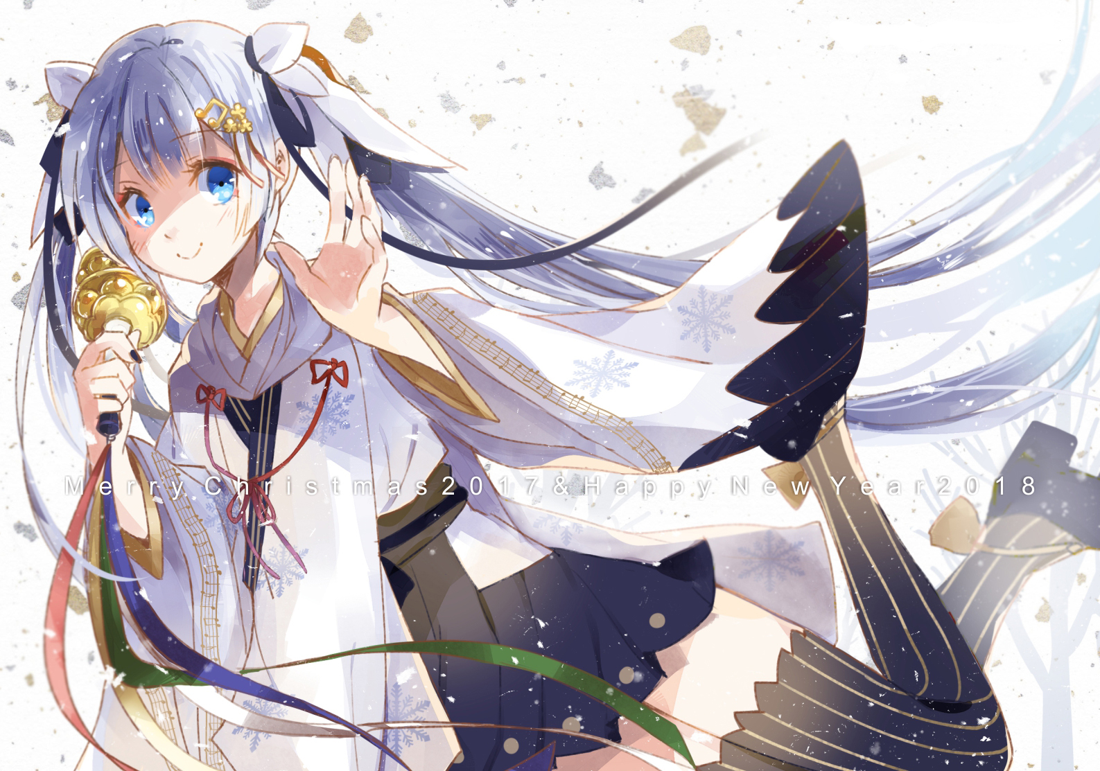 moonku, hatsune miku, yuki miku, yuki miku (2018), vocaloid, commentary, 1girl, 2018, aqua eyes, bell, black skirt, black thighhighs, blush, chihaya (clothing), christmas, closed mouth, english text, fortissimo, hair ornament, happy new year, holding, holding bell, japanese clothes, jingle bell, kagura suzu, long hair, long sleeves, merry christmas, miko, musical note, musical note hair ornament, musical note print, musical staff, musical staff print, new year, official alternate costume, official alternate hairstyle, skirt, smile, snowflake print, snowflakes, solo, thighhighs, twintails, very long hair, waving, white hair