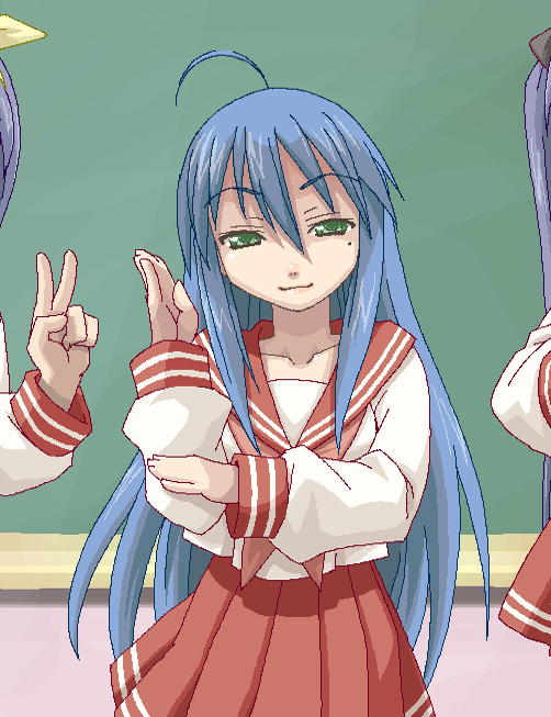 haganemaru kennosuke, hiiragi kagami, hiiragi tsukasa, izumi konata, lucky star, 00s, 1girl, ahoge, lips, mole, mole under eye, oekaki, school uniform, serafuku, siblings, sisters, solo focus, twins