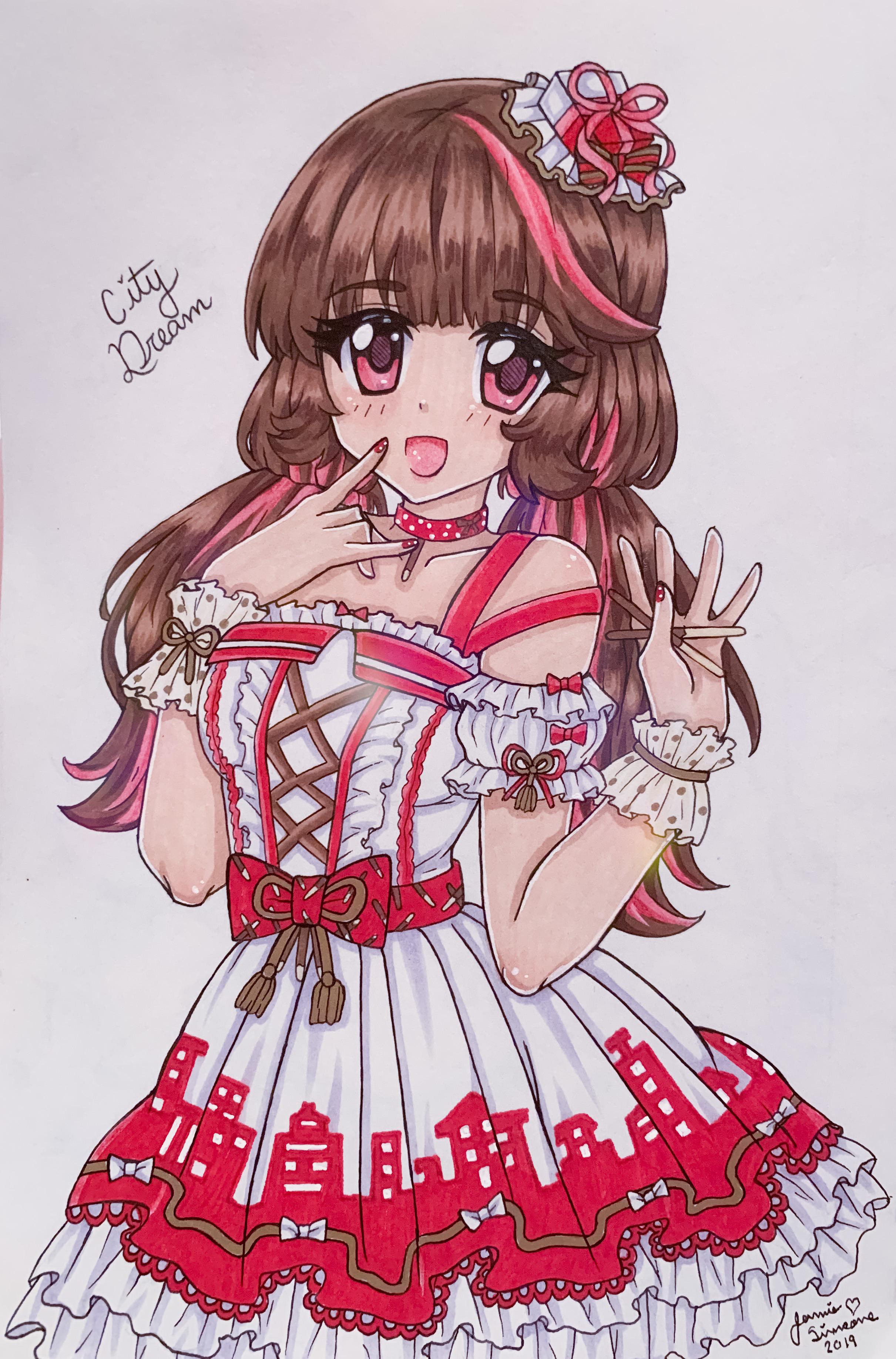 miracle nikki, nikki (series), absurdres, commentary, english commentary, highres, traditional media, 1girl, bare shoulders, blunt bangs, bow, brown hair, brown ribbon, brown wrist cuffs, center frills, character name, choker, city dream (miracle nikki), collarbone, cowboy shot, cross-laced clothes, cross-laced dress, dot nose, dress, dress bow, eyelashes, finger to cheek, food, food-themed hair ornament, frilled dress, frilled wrist cuffs, frills, hair ornament, hair ribbon, happy, holding, holding food, lace, lace-trimmed dress, lace trim, light blush, lolita fashion, long hair, looking at viewer, low twintails, multicolored hair, nail art, open mouth, pink eyes, pink ribbon, pocky, polka dot, polka dot choker, polka dot wrist cuffs, red bow, red choker, red nails, ribbon, short dress, skyline, sleeveless, sleeveless dress, smile, solo, standing, streaked hair, tareme, twintails, waist bow, white bow, white dress, wrist cuffs, wrist ribbon, yamisaan
