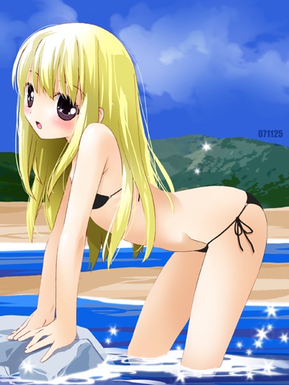 noto (soranoto), original, 1girl, beach, bent over, bikini, blonde hair, day, female focus, flat chest, long hair, ocean, outdoors, purple eyes, side-tie bikini bottom, solo, swimsuit, water