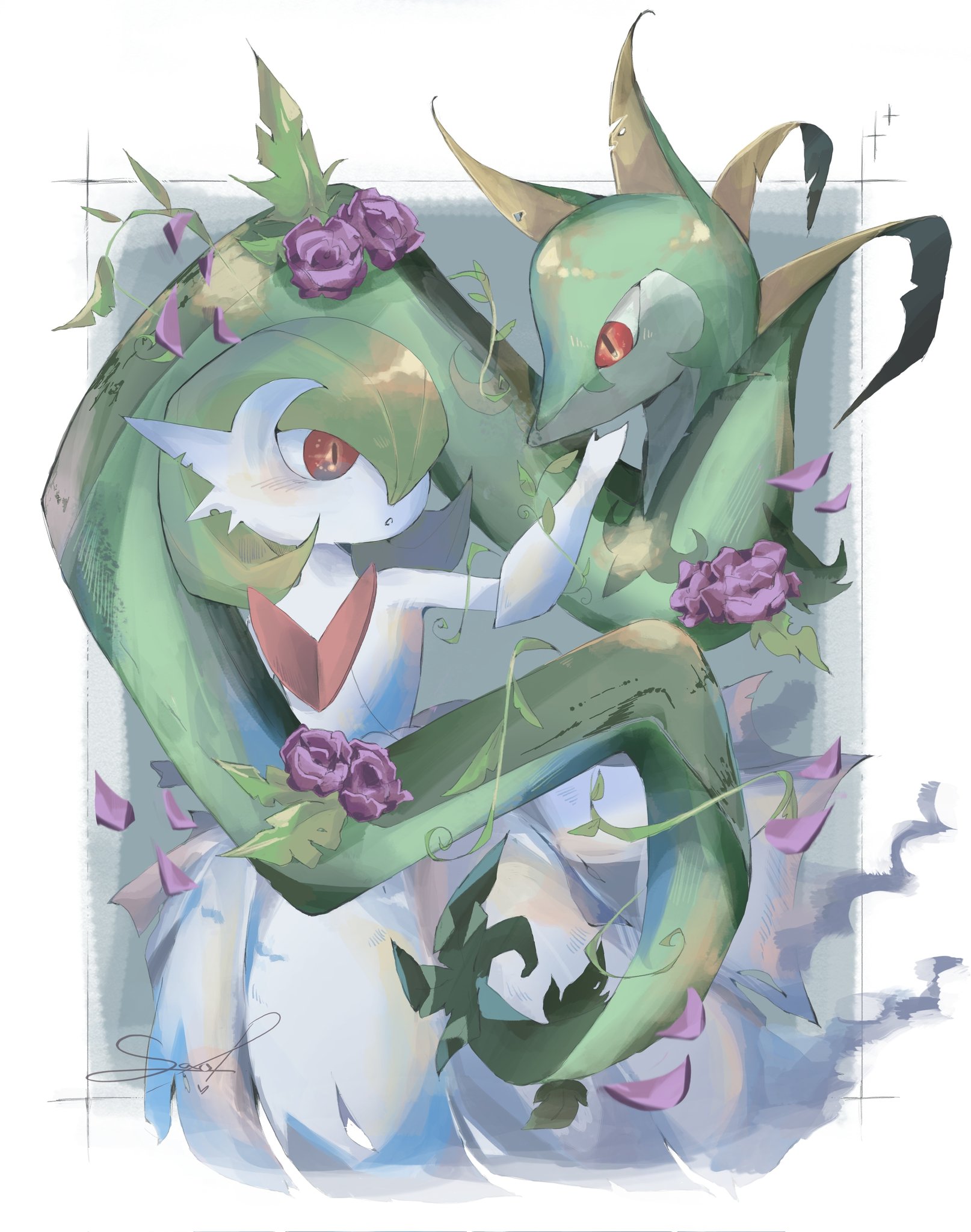 gardevoir, mega gardevoir, serperior, nintendo, pokemon, highres, bob cut, colored skin, dress, flower, gen 3 pokemon, gen 5 pokemon, green hair, green skin, hair over one eye, mega pokemon, petals, pink eyes, pokemon (creature), purple flower, purple petals, sao sane, signature, snake, white dress, white skin