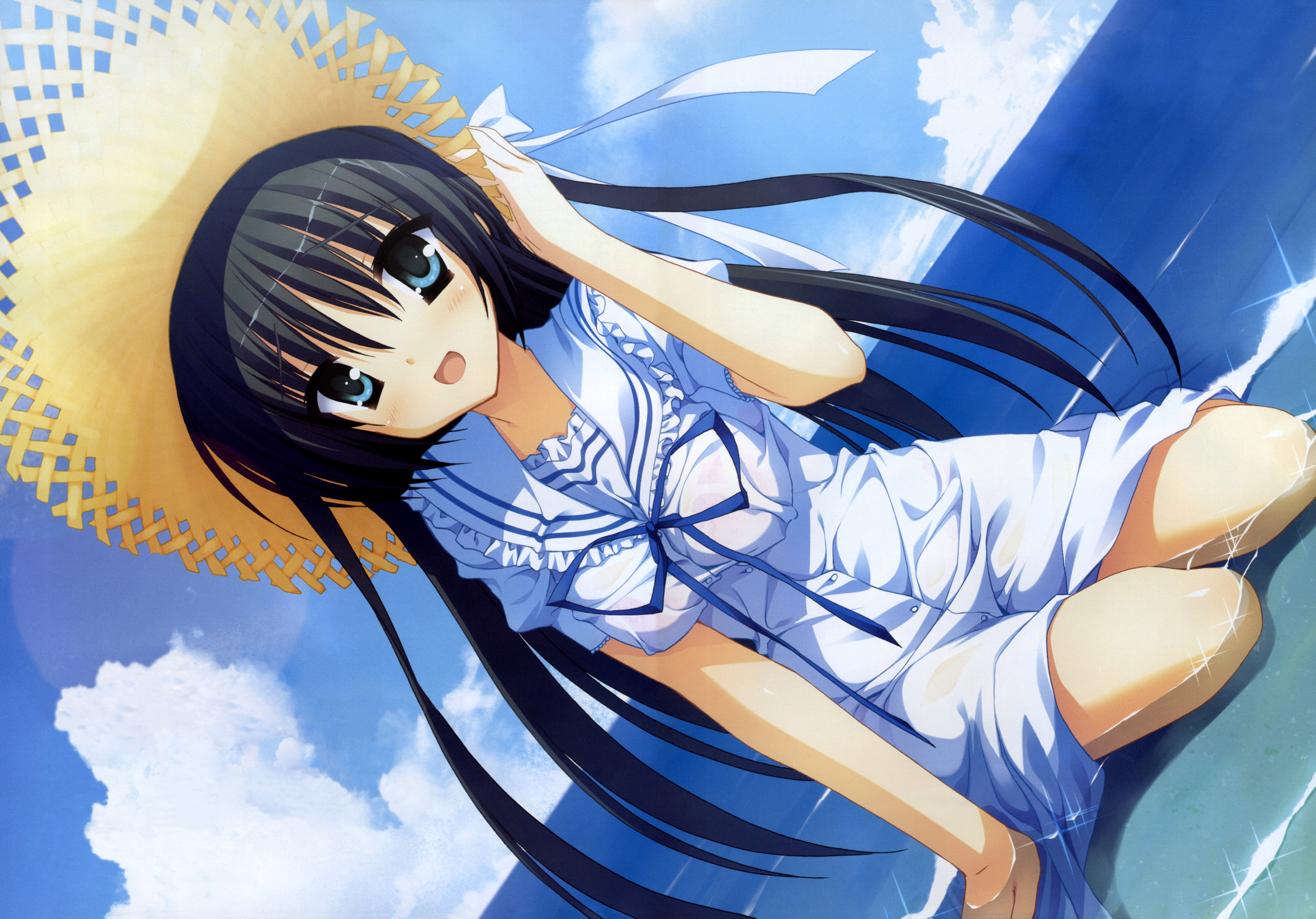 ikegami akane, kobuichi, kousaka chihaya, natsuzora kanata, absurdres, highres, 1girl, black hair, blush, dress, female focus, hat, long hair, ribbon, see-through clothes, smile, solo, wet, wet clothes