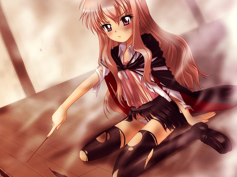louise francoise le blanc de la valliere, zero no tsukaima, artist request, 00s, panties, pink hair, school uniform, serafuku, solo, thighhighs, torn clothes, underwear