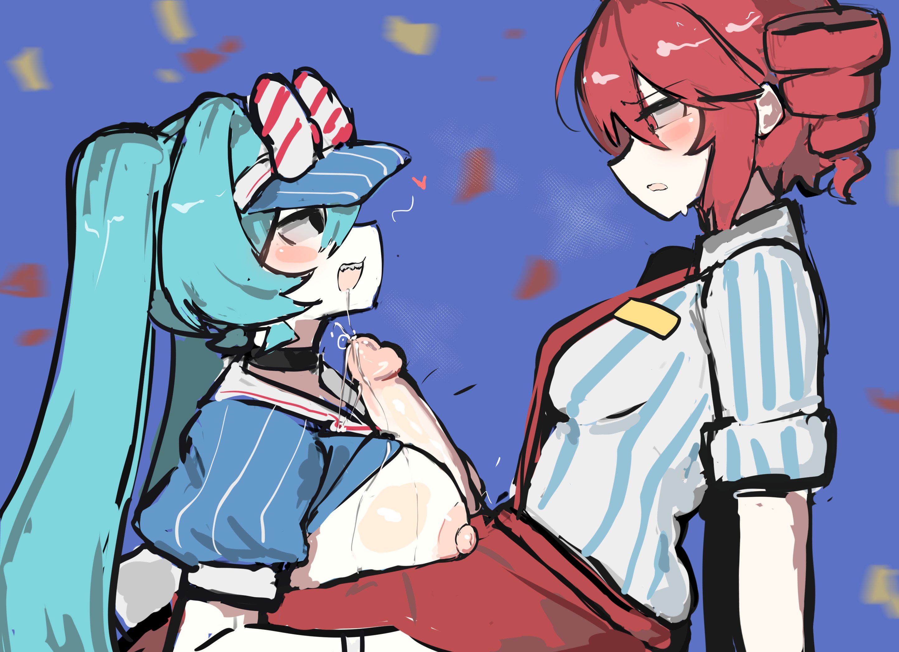 m3link, hatsune miku, kasane teto, mesmerizer (vocaloid), synthesizer v, utau, vocaloid, derivative work, highres, 2girls, ai-generated art (topic), alternate breast size (larger), aqua hair, aroused, black choker, black eyes, blue background, blue shirt, blush stickers, bow, breast rest, breasts, breasts on thighs, breasts out, breath, choker, confetti, diagonal-striped bow, drill hair, drooling, employee uniform, eye contact, fast food uniform, from side, furrowed brow, futa with female, futanari, hair bow, heart, large breasts, long hair, looking at another, medium breasts, meme, motion blur, multiple girls, nipples, open mouth, pants, penis, pinstripe pattern, pinstripe shirt, precum, profile, puffy short sleeves, puffy sleeves, red eyes, red pants, saliva, sexually suggestive, sharp teeth, shirt, short sleeves, side drill, sitting, steam, striped bow, striped clothes, striped shirt, suspenders, teeth, the tiktok incident (meme), twintails, twitching, upper body, vertical-striped clothes, vertical-striped shirt, visor cap, white bow, white shirt