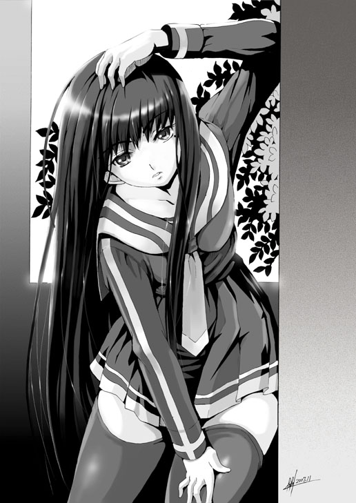 yuu (yuyukaikan), original, greyscale, monochrome, school uniform, serafuku, solo, thighhighs, zettai ryouiki