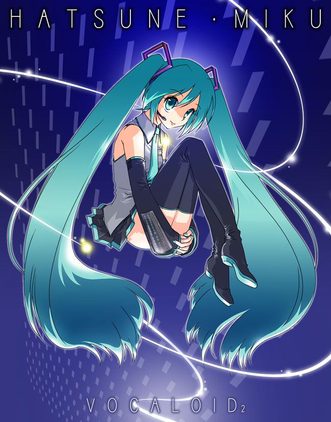 hatsune miku, vocaloid, blue eyes, blue hair, detached sleeves, long hair, necktie, skirt, solo, thighhighs, twintails, very long hair