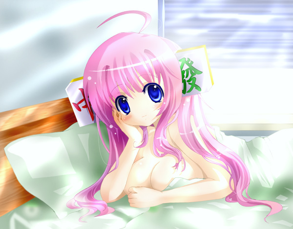 chiyu, chiyu 12-sai, artist request, 1girl, ahoge, bed, blanket, blush, breasts, female focus, hair ornament, head rest, large breasts, long hair, looking at viewer, lying, mahjong, mahjong tile, nude, on bed, pink hair, smile, solo, window, window blinds