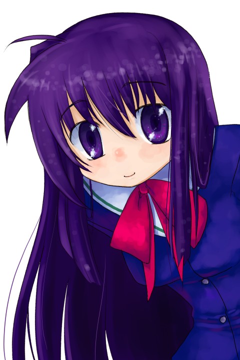 daizan (mount position), original, 1girl, ahoge, blazer, bow, bowtie, buttons, female focus, jacket, long hair, long sleeves, looking at viewer, purple eyes, purple hair, red bow, red bowtie, school uniform, serafuku, sidelocks, simple background, solo, upper body, white background