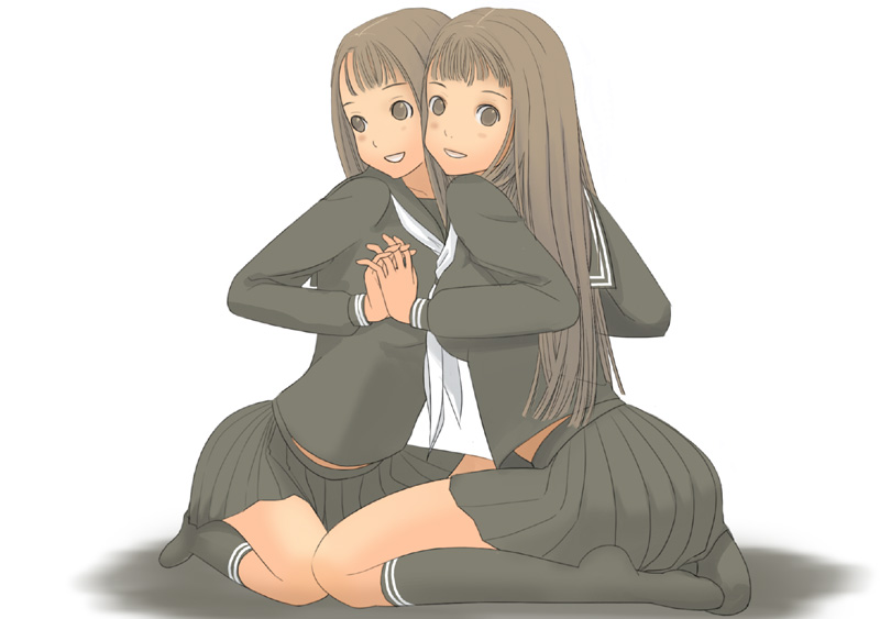 kiriman (souldeep), original, looking away, 2girls, black serafuku, black socks, breast press, brown eyes, brown hair, cheek-to-cheek, from behind, full body, heads together, holding hands, interlocked fingers, kneehighs, long hair, long sleeves, looking at viewer, multiple girls, neckerchief, no shoes, pleated skirt, school uniform, serafuku, siblings, sisters, sitting, skirt, smile, socks, symmetrical docking, symmetry, twins, wariza, yuri