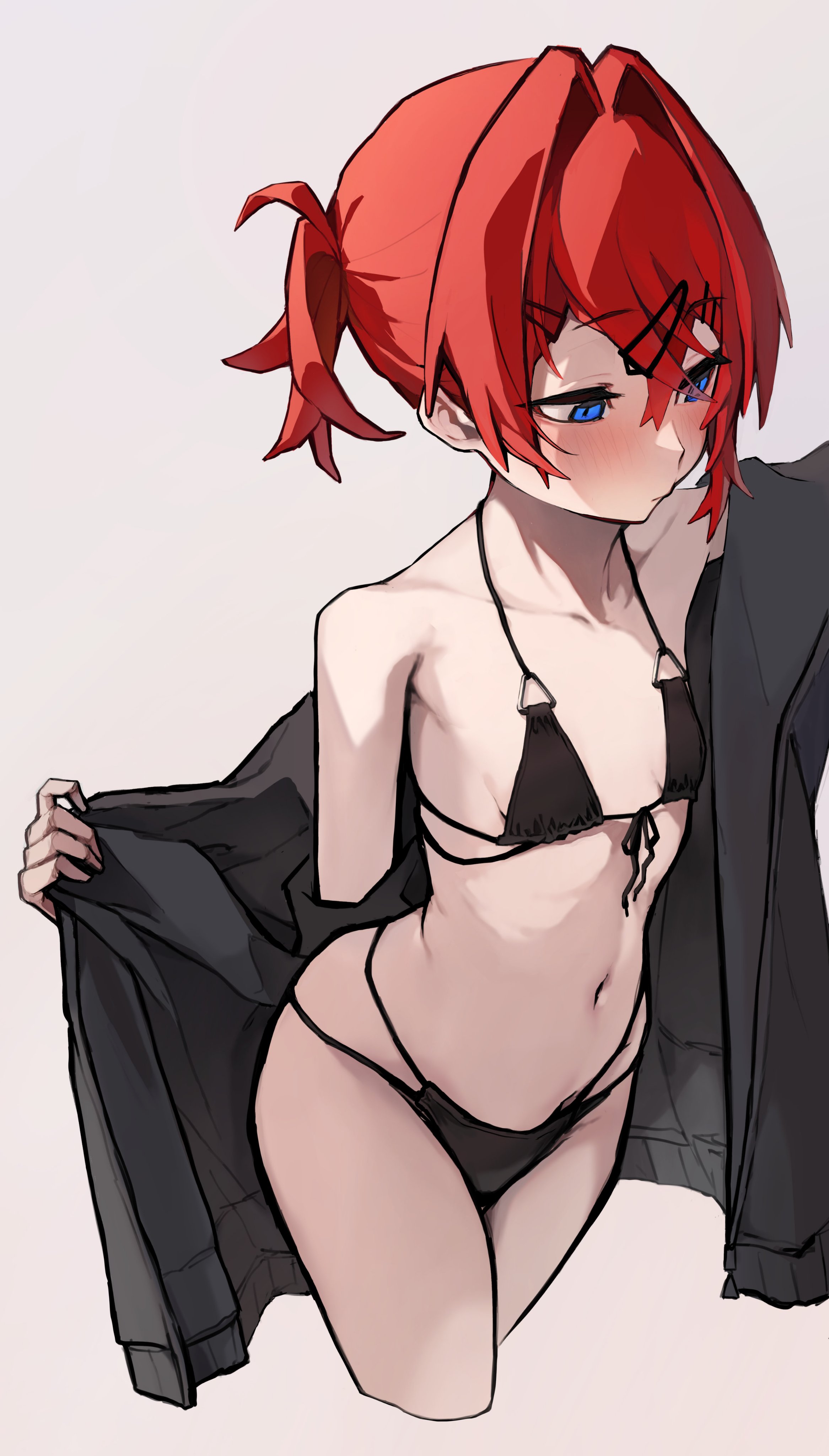 akechi (akechi 5416), ange katrina, nijisanji, absurdres, highres, 1girl, bikini, black bikini, blue eyes, blush, breasts, hair between eyes, hair intakes, jacket, long sleeves, open clothes, open jacket, ponytail, red hair, short hair, short ponytail, small breasts, solo, swimsuit, virtual youtuber