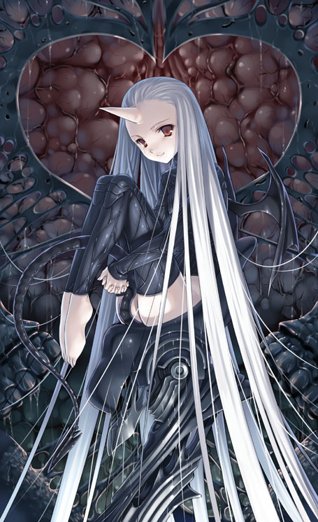 hagure keg, original, silver hair, barefoot, demon girl, fantasy, feet, horns, long hair, plantar flexion, red eyes, single horn, solo, tail, very long hair