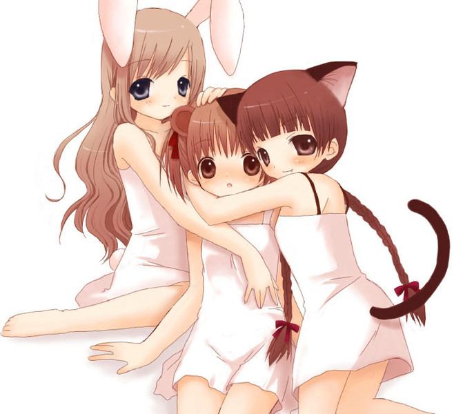 fukuzawa yumi, shimazu yoshino, toudou shimako, maria-sama ga miteru, duplicate, 00s, 3girls, animal ears, blush, cat ears, cat tail, dress, girl sandwich, hug, multiple girls, rabbit ears, sandwiched, tail