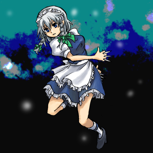 elista, izayoi sakuya, touhou, silver hair, lowres, 1girl, braid, female focus, short hair, solo, twin braids
