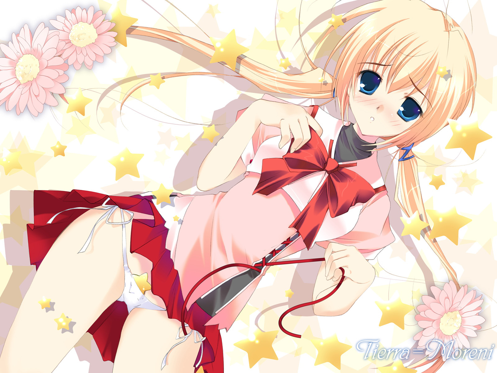 tierra moreni, primitive link, purple software, highres, blonde hair, blush, panties, ribbon, solo, twintails, underwear
