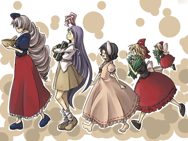 elista, inaba tewi, medicine melancholy, reisen udongein inaba, su-san, yagokoro eirin, touhou, 5girls, animal ears, barefoot, dress, female focus, hat, multiple girls, rabbit ears, skirt