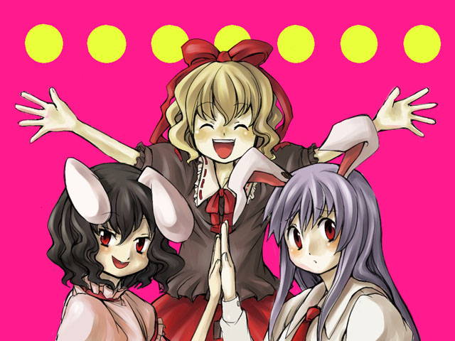elista, inaba tewi, medicine melancholy, reisen udongein inaba, touhou, 3girls, animal ears, bow, female focus, multiple girls, rabbit ears, red eyes, skirt, upper body