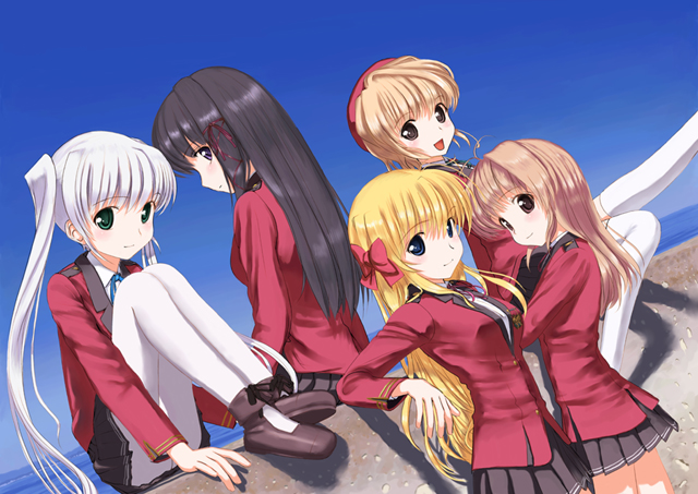 mocha, kuze kiriha, sendou erika, tougi shiro, yuuki haruna, yuuki kanade, fortune arterial, white legwear, 5girls, blazer, jacket, multiple girls, pantyhose, school uniform