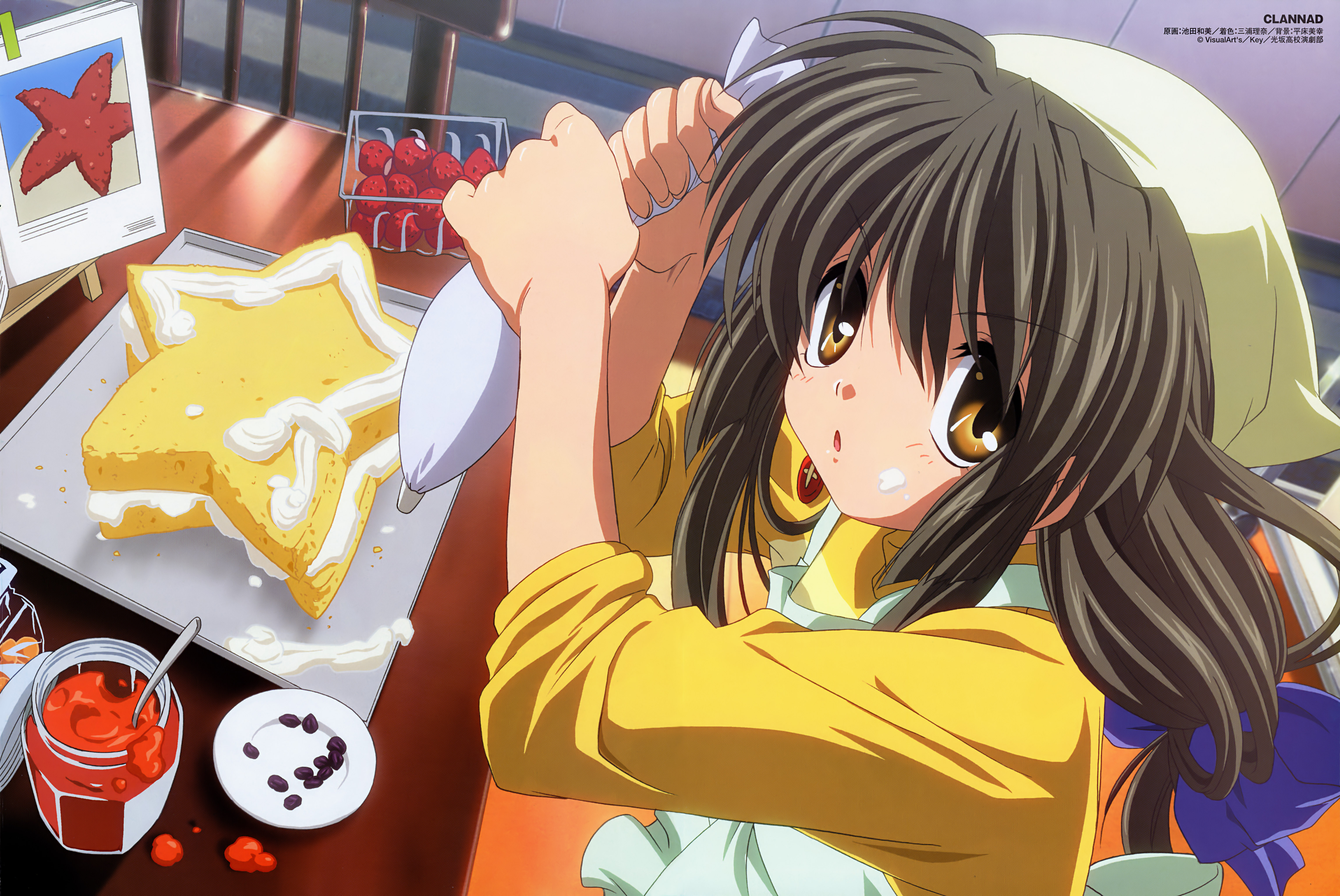 ikeda kazumi, ibuki fuuko, clannad, absurdres, highres, official art, scan, 00s, 1girl, cake, female focus, food, long hair, low-tied long hair, pastry, solo, starfish