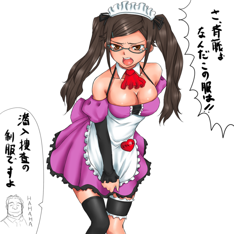 rokuichi, kirihara misaki, darker than black, translation request, 00s, 1boy, 1girl, asymmetrical clothes, breasts, cowboy shot, female focus, frilled thigh strap, glasses, lingerie, single thighhigh, solo, standing, thigh strap, thighhighs, underwear, waitress, white background