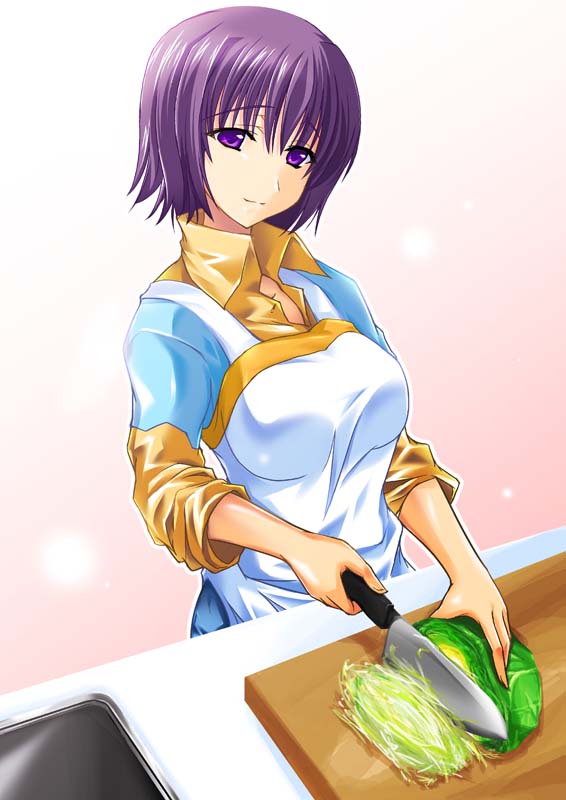 maho (yakimorokoshi), mashuu (masyu), yasuoka sachiko, shion no ou, 00s, 1girl, apron, cabbage, cooking, female focus, food, housewife, mature female, purple eyes, purple hair, solo