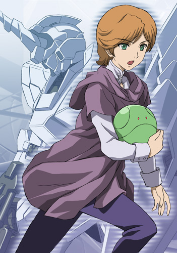 midori (searchlight), audrey burne, haro, mineva lao zabi, unicorn gundam, gundam, gundam unicorn, lowres, 1girl, :o, androgynous, ball, brown hair, creature, green eyes, holding, long sleeves, machinery, mecha, open mouth, pants, robot, short hair