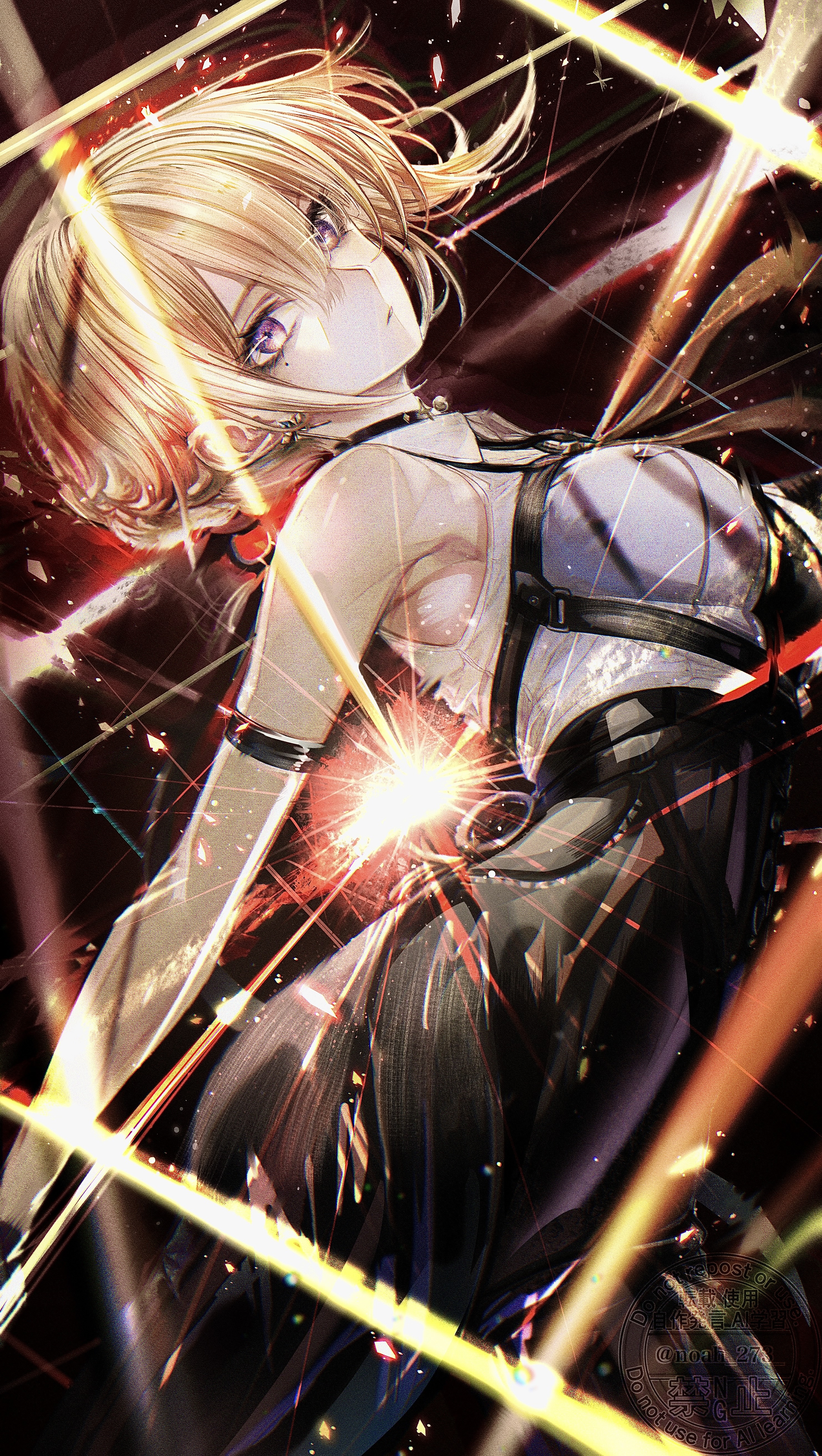 renoahh, evelyn chevalier, zenless zone zero, absurdres, commentary, highres, revision, 1girl, armlet, bare shoulders, black choker, black pants, blonde hair, breasts, choker, closed mouth, collared shirt, cowboy shot, earrings, high-waist pants, jewelry, large breasts, looking at viewer, mole, mole under eye, no jacket, pants, purple eyes, shirt, short hair, solo, white shirt