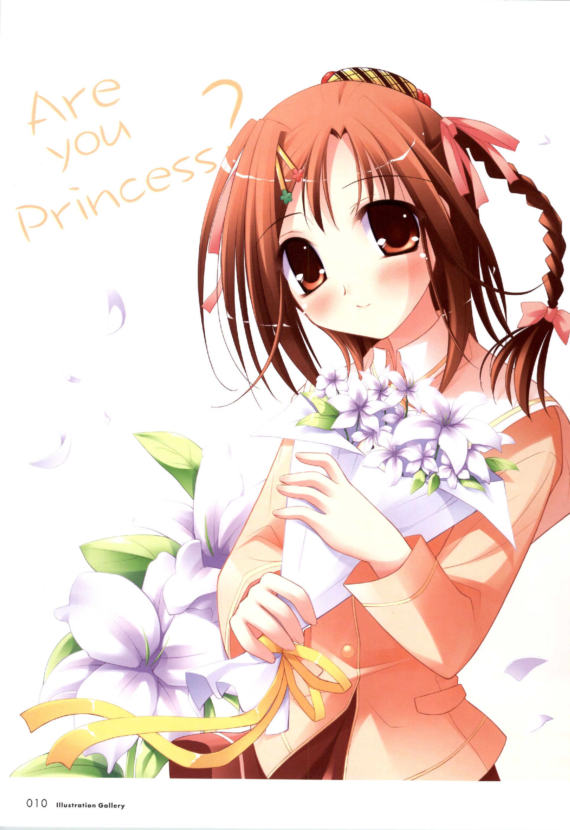 kamisaka haruhi, happiness!, absurdres, highres, 00s, 1girl, blush, braid, brown eyes, brown hair, female focus, flower, school uniform, serafuku, simple background, skirt, smile, solo