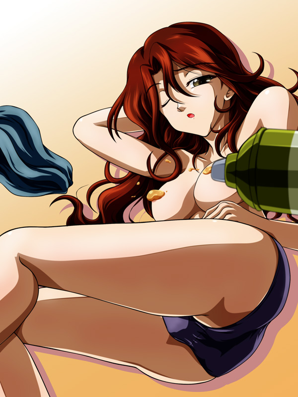 sumeragi lee noriega, gundam, gundam 00, 00s, ass, breasts, buruma, censored, convenient censoring, one eye closed, panties, solo, topless female, underwear, wink
