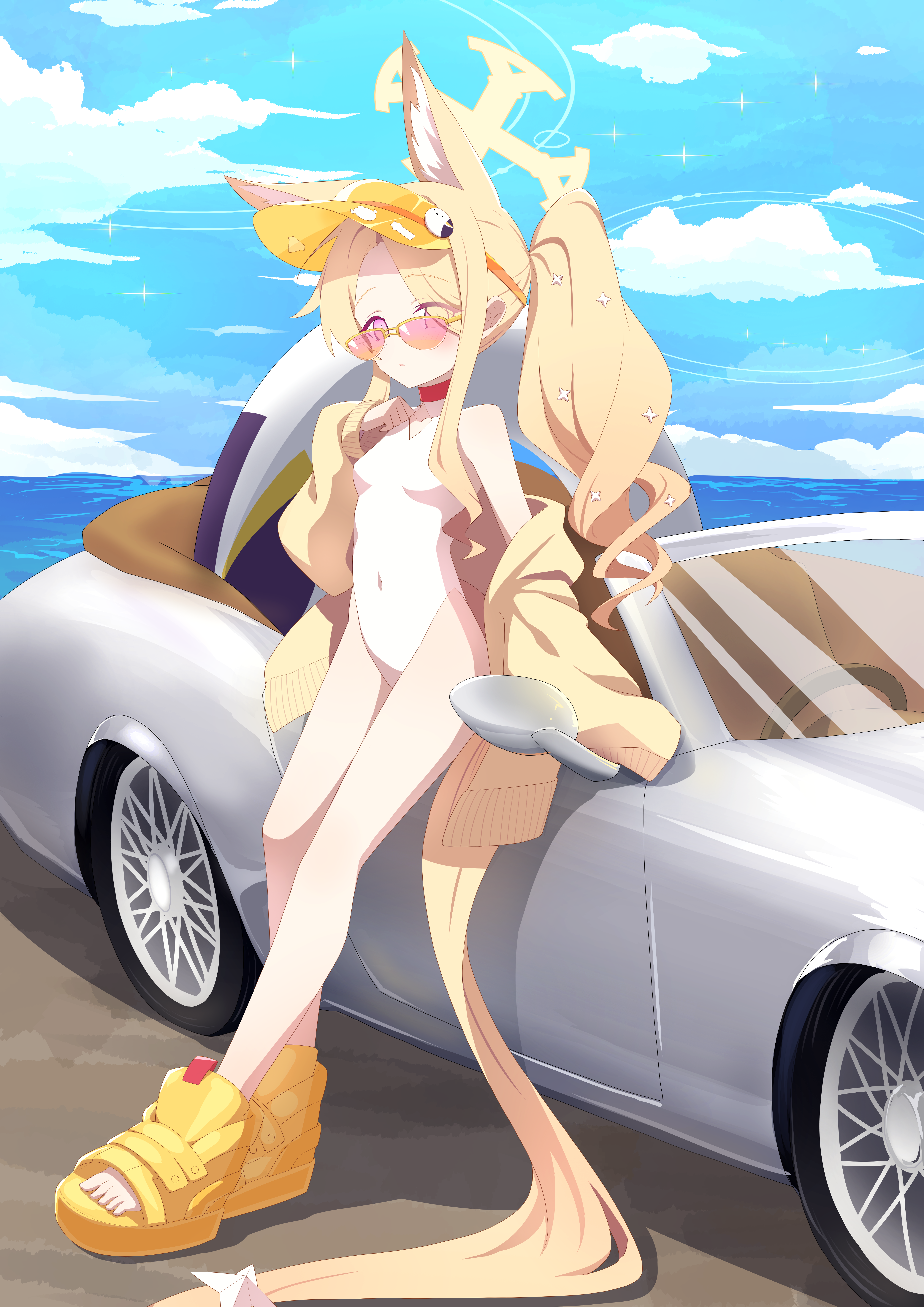 wuqi wupenguin, seia (blue archive), seia (swimsuit) (blue archive), blue archive, absurdres, highres, 1girl, animal ear fluff, animal ears, blonde hair, blue sky, breasts, car, cloud, covered navel, cross halo, day, diamond cutout, fox ears, fox girl, fox tail, halo, highleg, highleg one-piece swimsuit, horizon, jacket, long hair, looking at viewer, motor vehicle, ocean, official alternate costume, official alternate hairstyle, one-piece swimsuit, open-toe shoes, orange-tinted eyewear, orange eyes, outdoors, shoes, side ponytail, sky, small breasts, solo, sunglasses, swimsuit, tail, tinted eyewear, visor cap, white one-piece swimsuit, yellow halo, yellow jacket, yellow shoes, yellow visor
