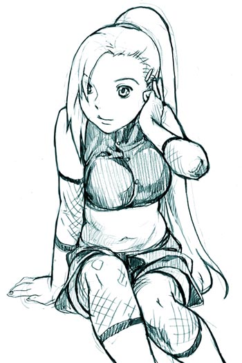 nekomata naomi, yamanaka ino, naruto (classic), naruto (series), 1girl, aqua theme, breasts, female focus, hair over one eye, high ponytail, monochrome, navel, ponytail, simple background, solo